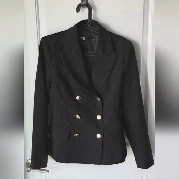 Zara Double-Breasted Black Blazer with Gold Accents - Picture 1 of 4